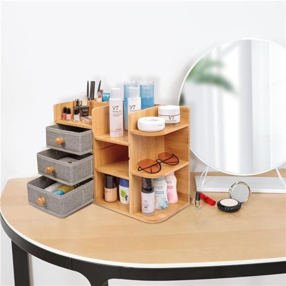 Bamboo-Makeup-Organizer for Vanity, Multi-Function Wood Large Capacity Make up - Picture 5 of 6
